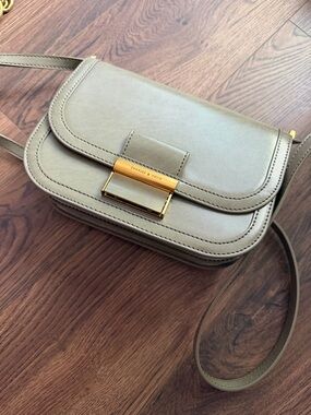 Charles & Keith Olive-Taupe Leather Crossbody with Gold Accent